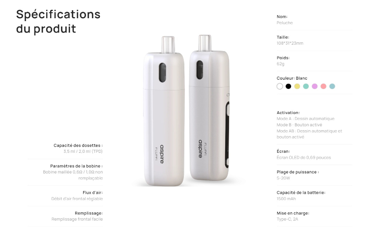 Kit Pod Fluffi 1500mAh Aspire caractéristiques