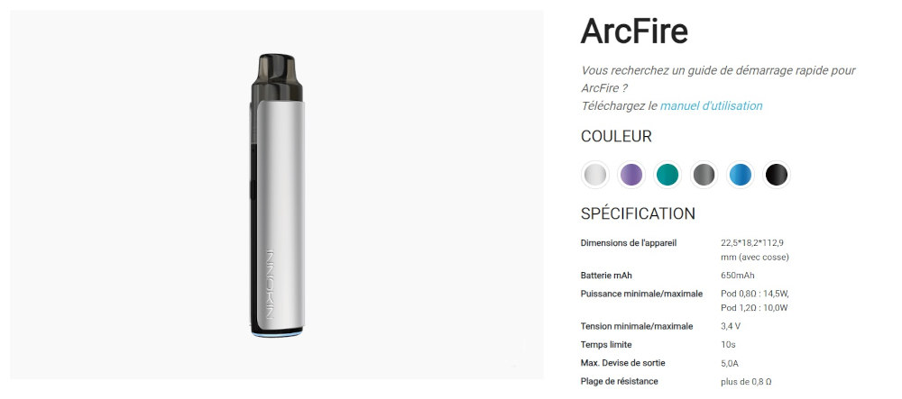 Kit Pod ArcFire Starter 650mAh Innokin couleurs