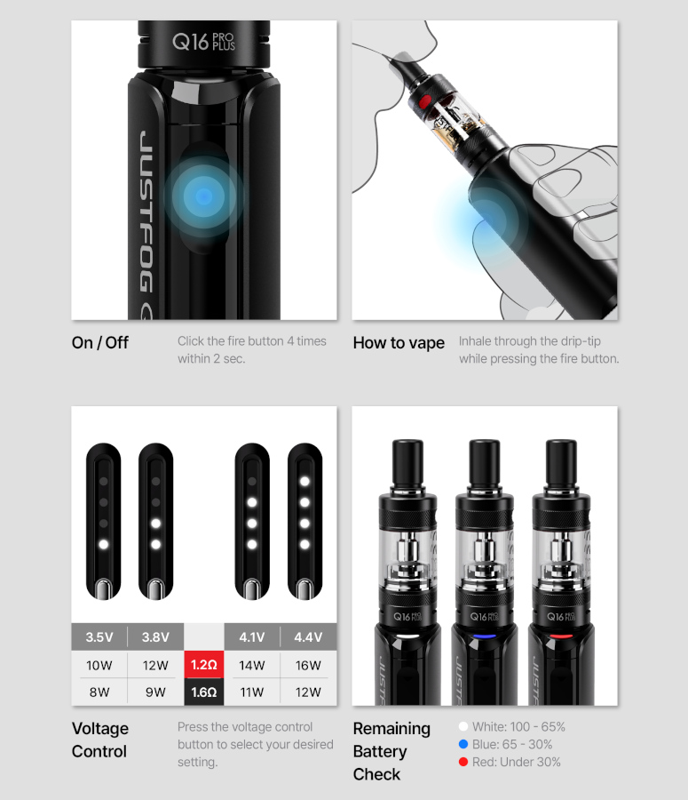 Q16 Pro Plus Justfog Batterie fonctionnement