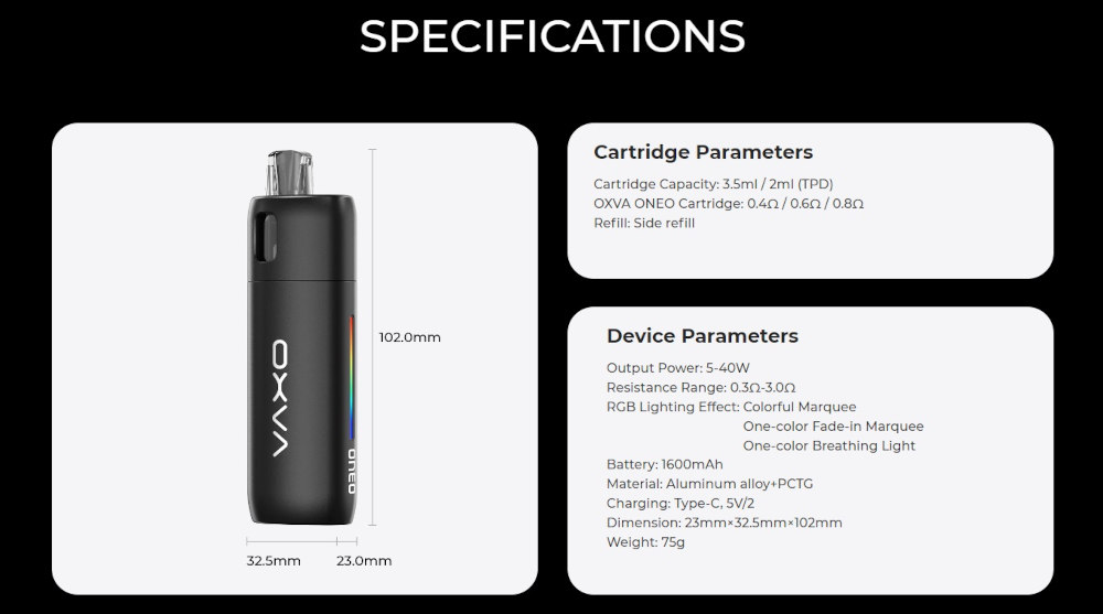 Kit Pod Oneo 1600mAh Oxva caractéristiques