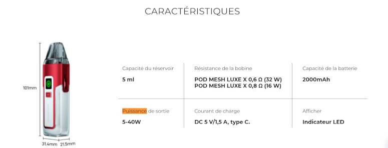 Kit Luxe X2 Vaporesso caractéristiques techniques