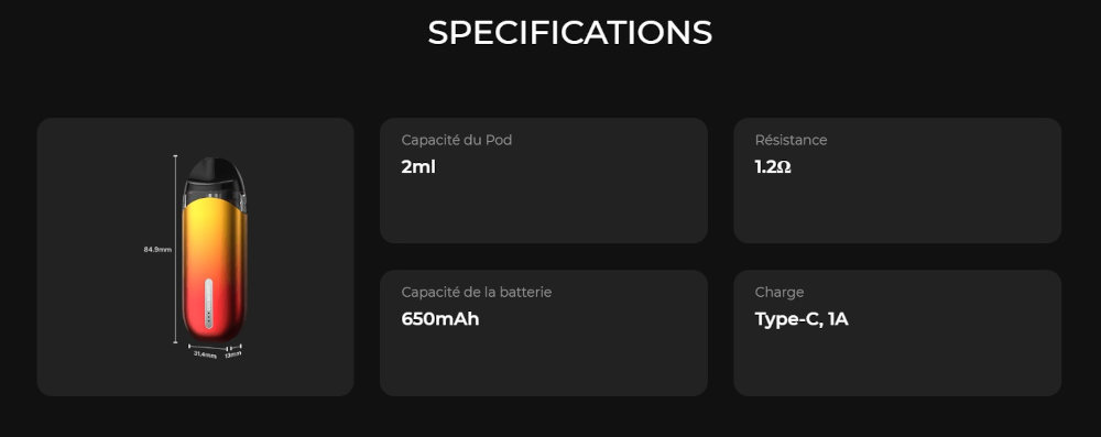 Kit Zero S 650 mAh Vaporesso caractéristiques