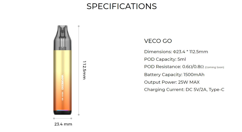 Kit Pod Veco Go 1500mAh Vaporesso caractéristique