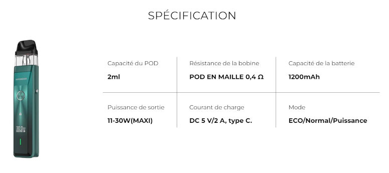 Kit Xros Pro 1200mAh Vaporesso caractéristiques