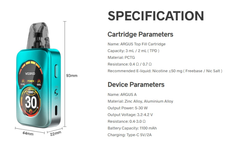 Kit Pod Argus A Voopoo caractéristiques