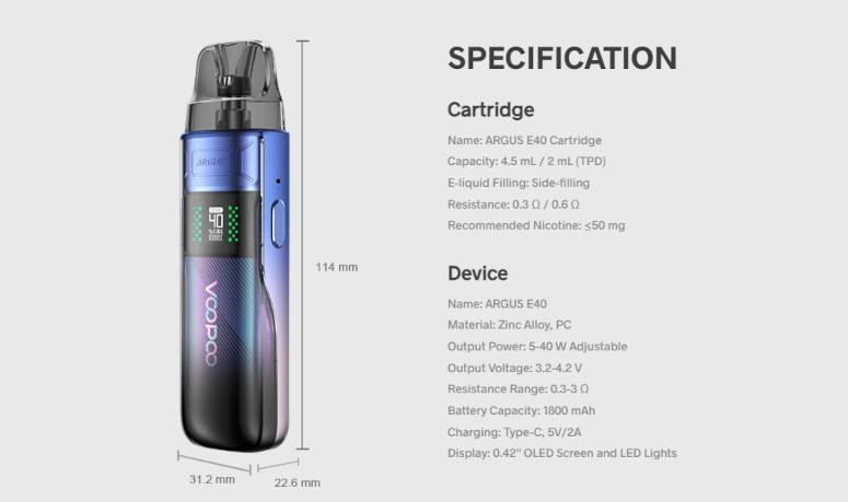 Kit Pod Argus E40 1800mAh Voopoo caractéristiques techniques