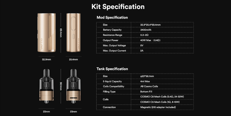 Kit Cosmo Prime Vaptio fiche technique